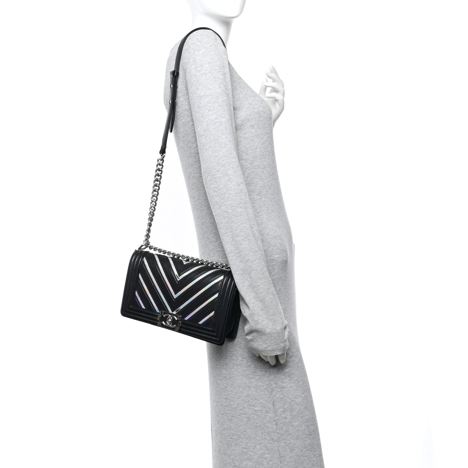 Lambskin Iridescent PVC Chevron Quilted Medium Boy Flap Black Silver