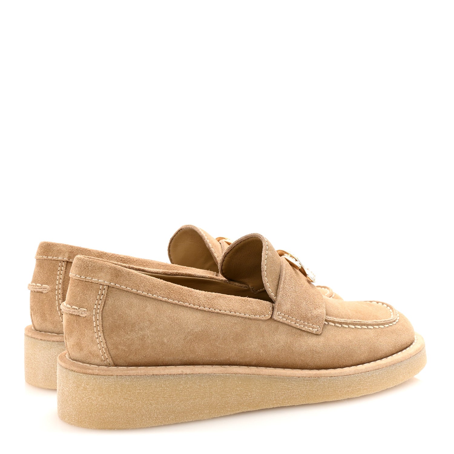 Suede Calfskin Pearl CC Moccasin Loafers 36.5 Dark Beige