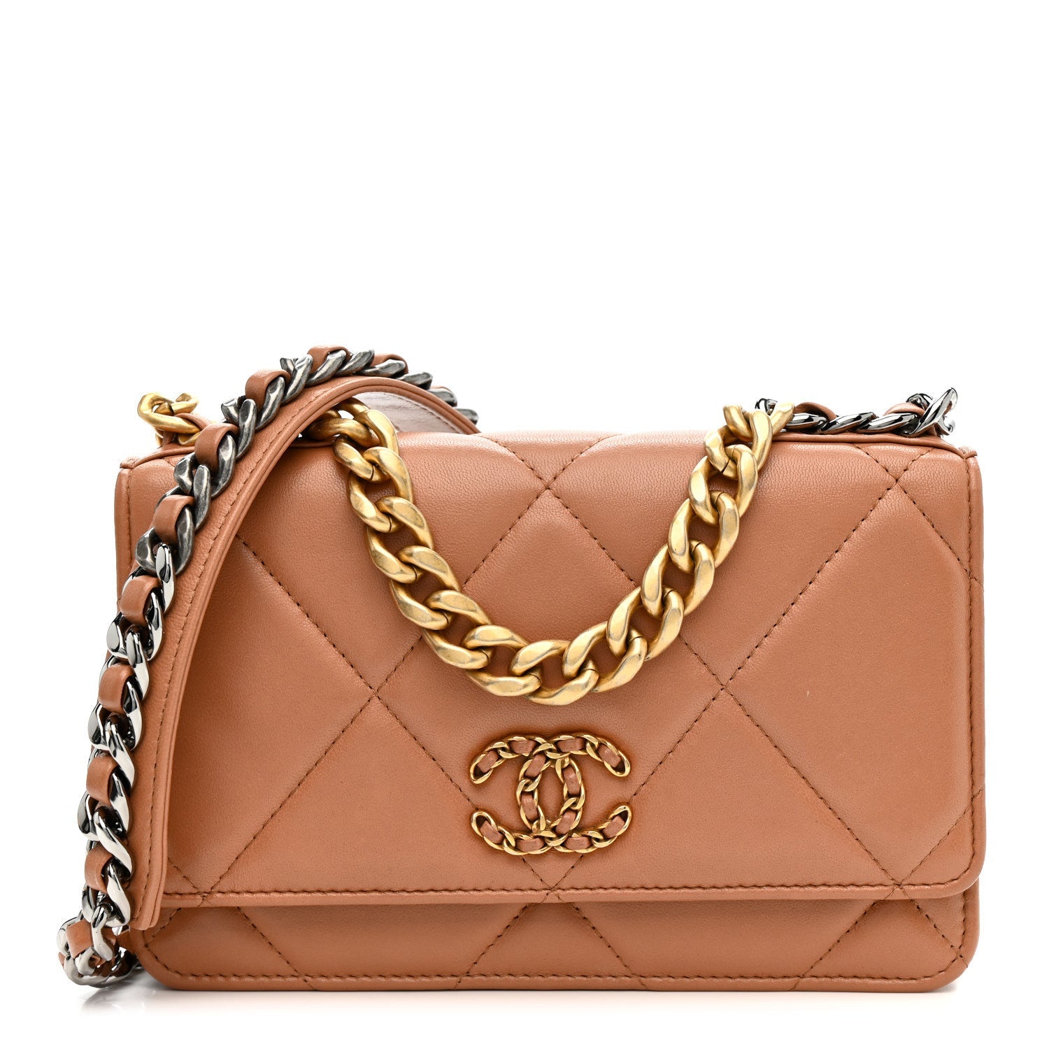 Lambskin Quilted Chanel 19 Wallet On Chain WOC Brown