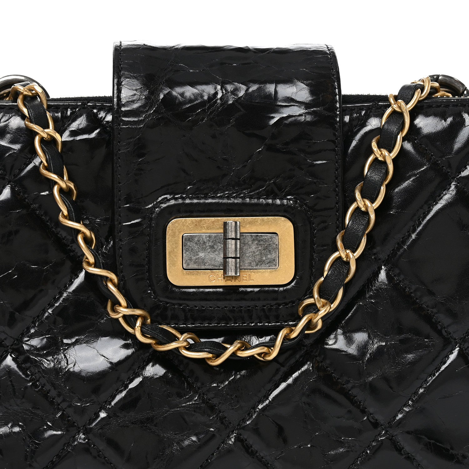 Glazed Crinkled Lambskin Small Reissue Zip Shopping Tote Black