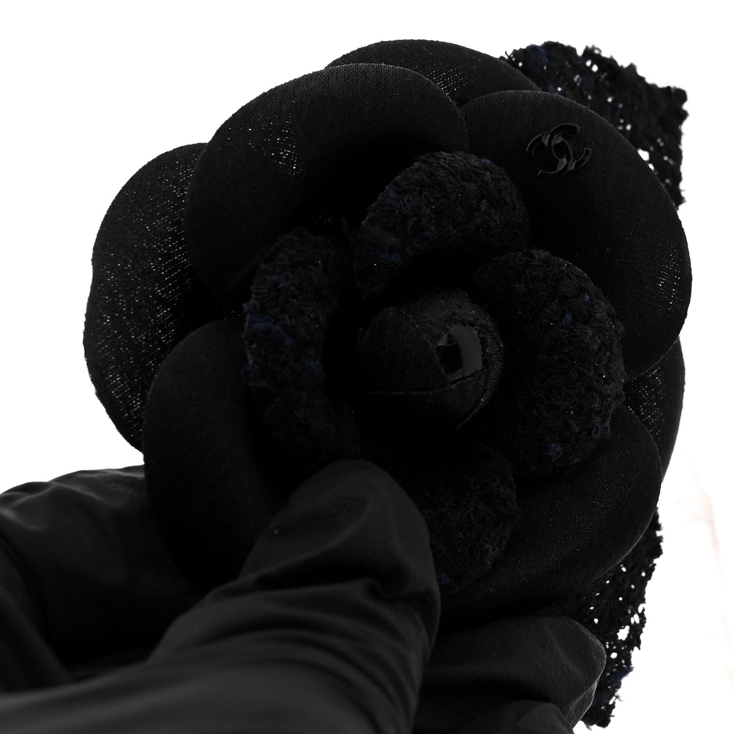 Tweed Fabric Camellia Pin Brooch Navy Blue Black