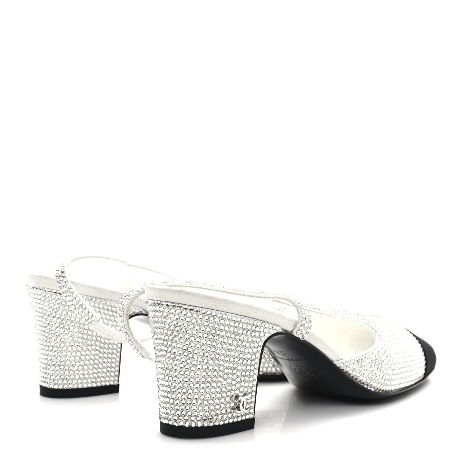 Strass Grosgrain Cap Toe CC Slingback Pumps 36 Silver Black