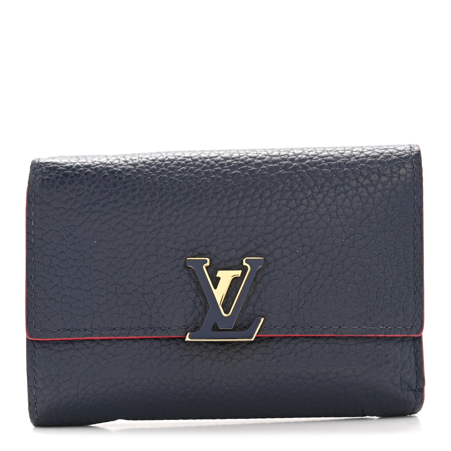 Taurillon Capucines Compact Wallet Marine Rouge