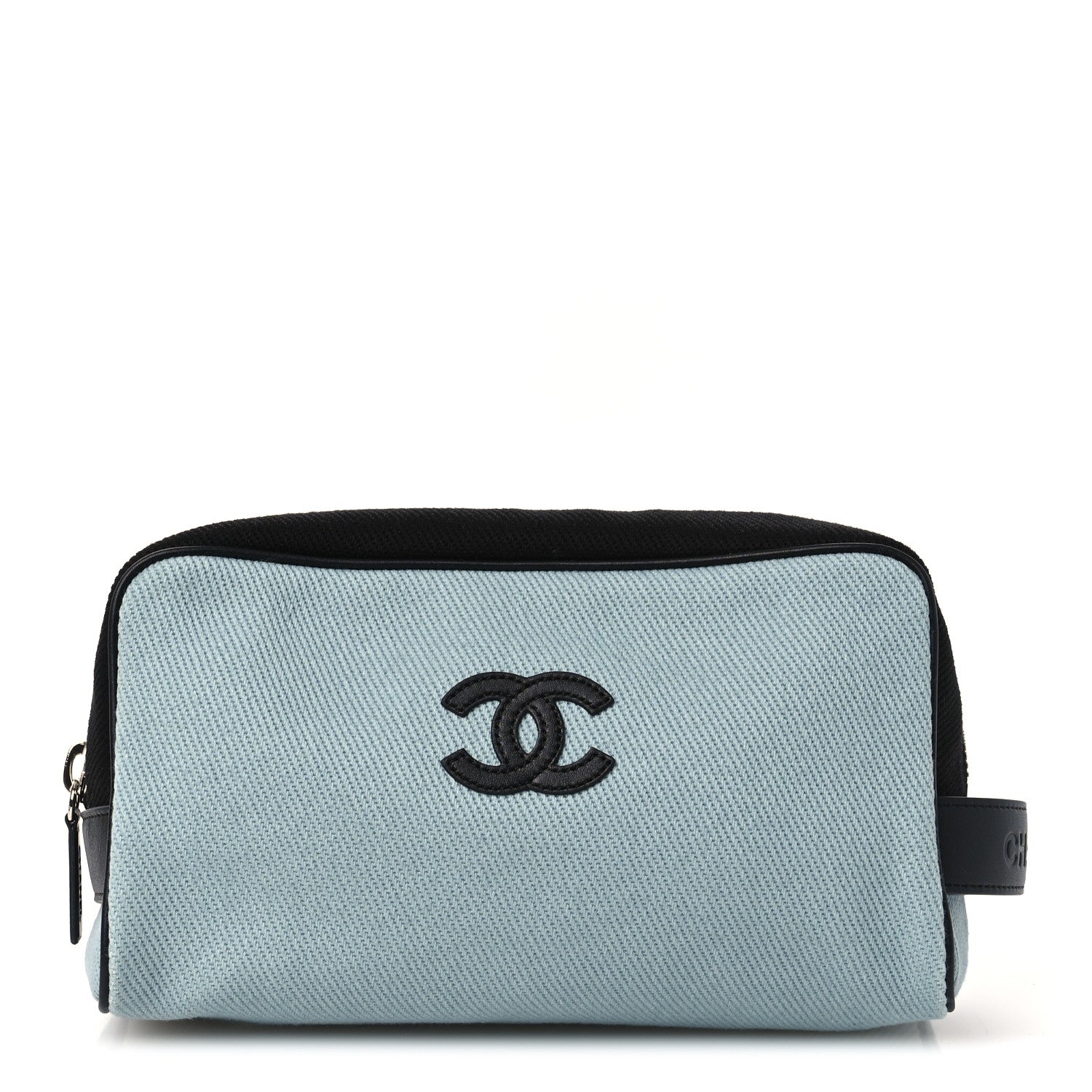 Canvas Calfskin Large Zippered Pouch Blue Black