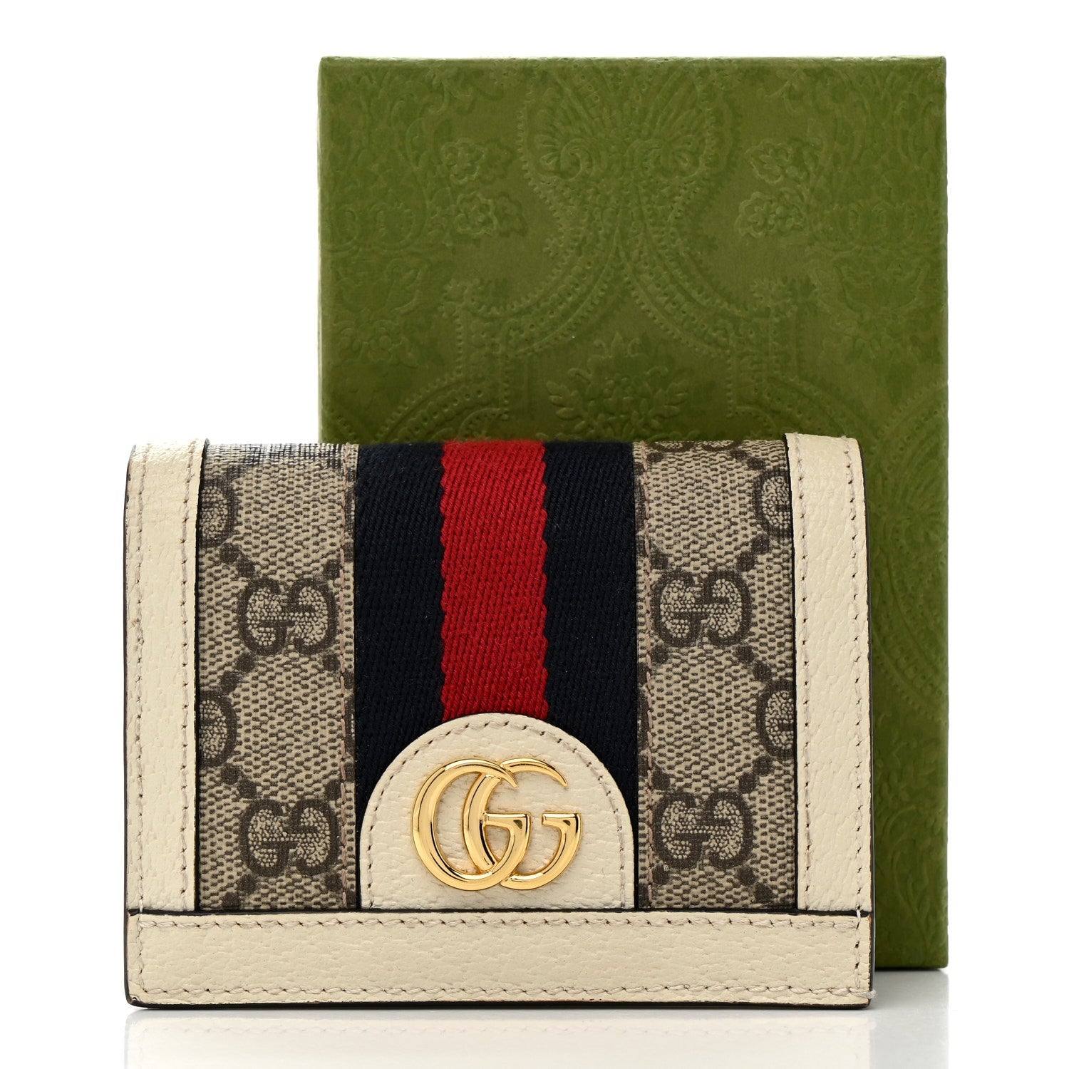 GG Supreme Monogram Textured Dollar Calfskin Web Ophidia Card Case Beige Ebony Mystic White