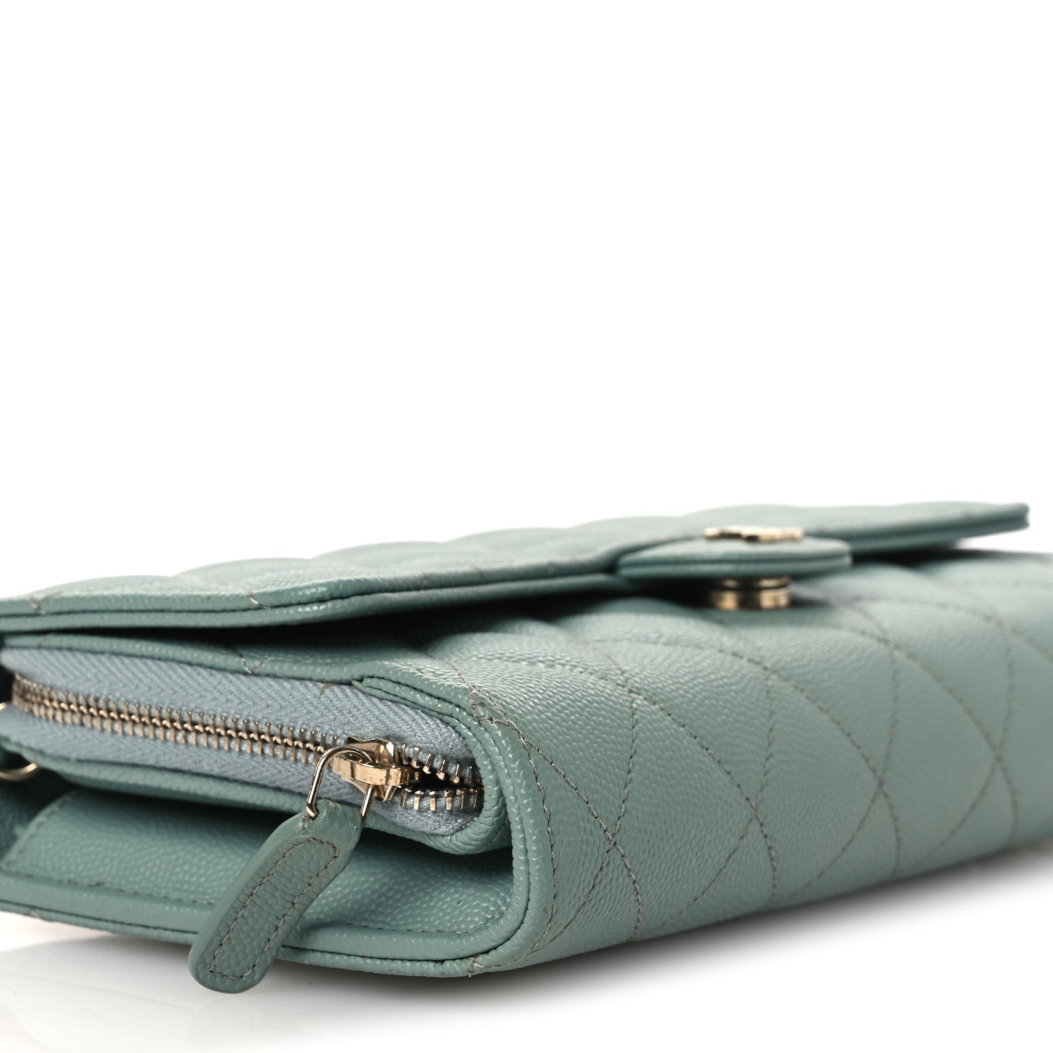 Caviar Quilted Phone Holder Wallet on Removable Chain Light Blue