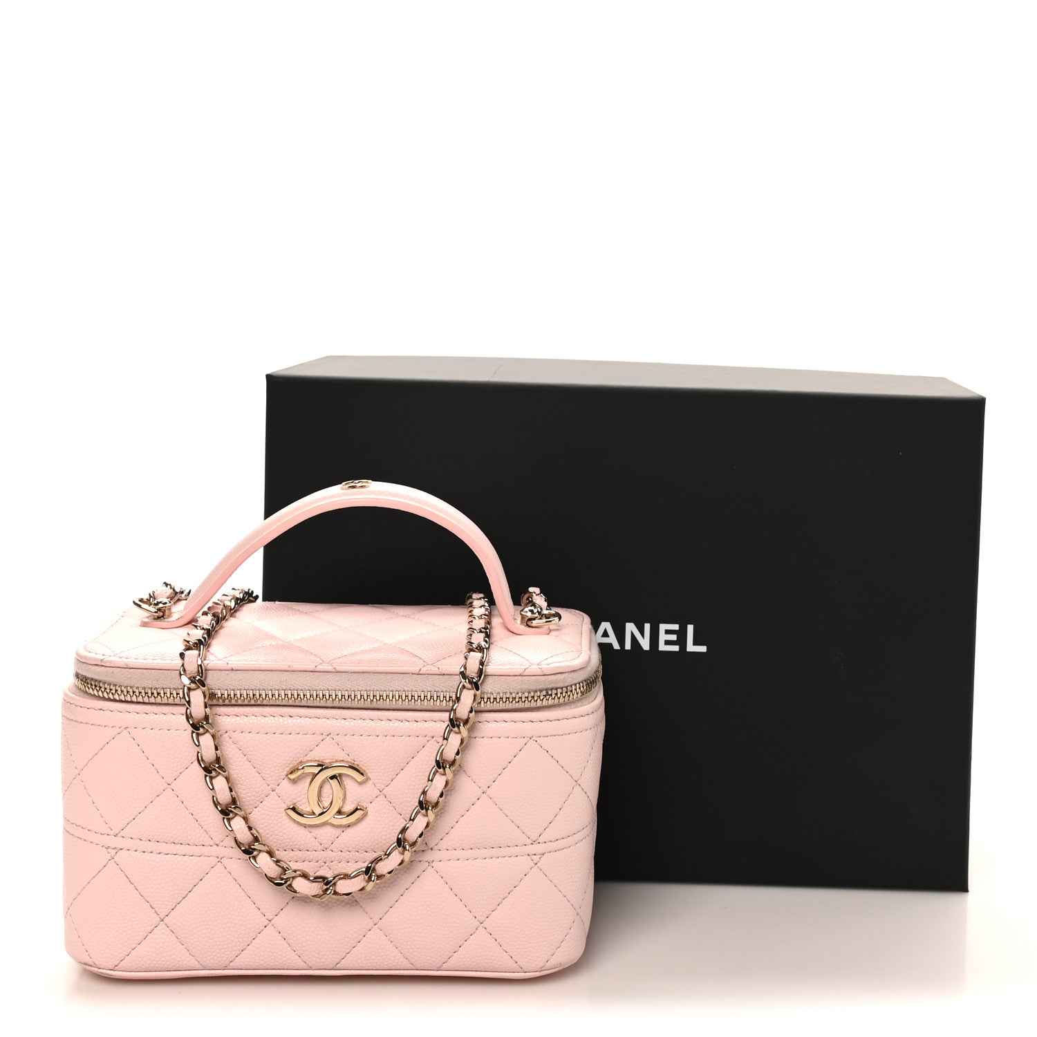 Caviar Quilted Top Handle Vanity With Chain Light Pink