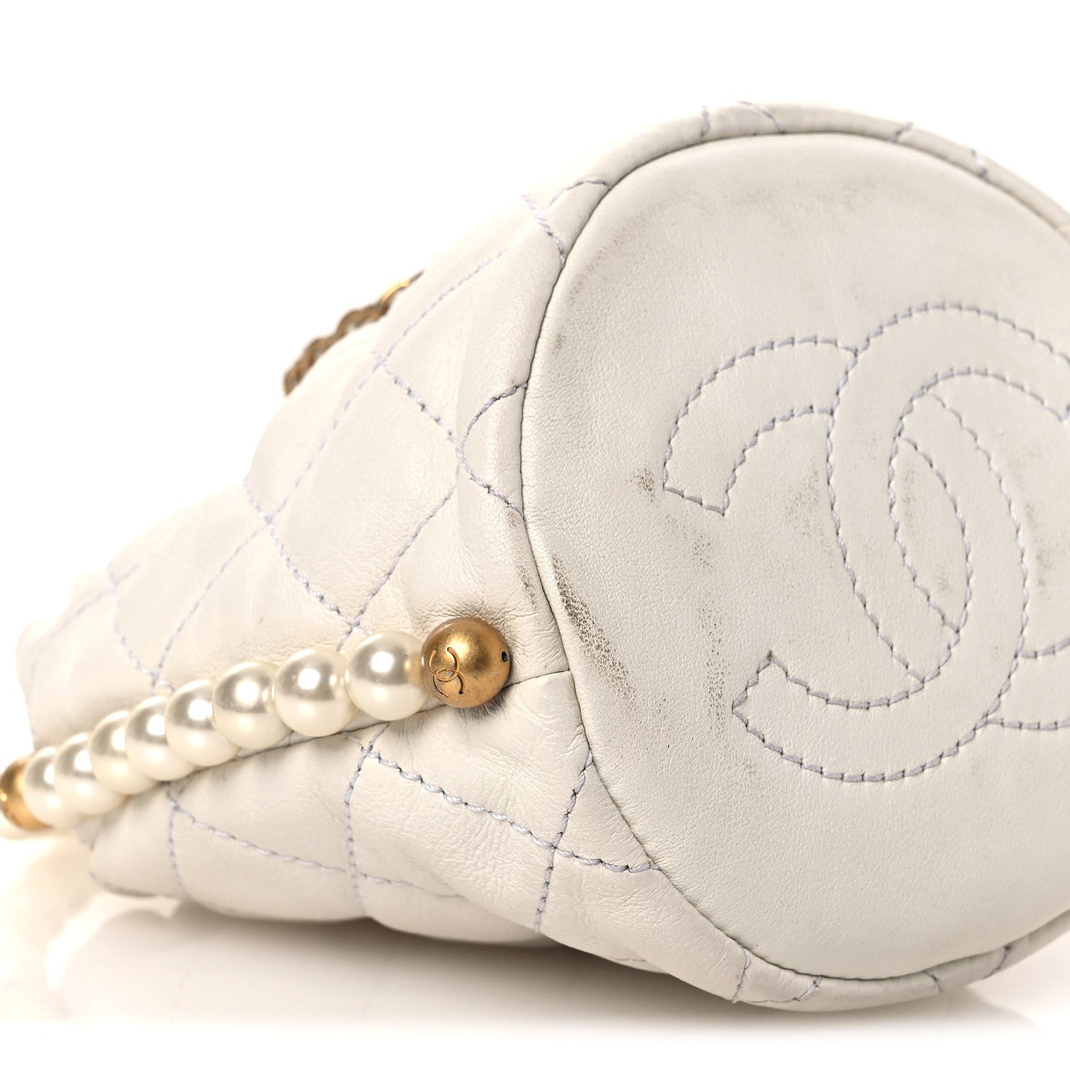 Calfskin Quilted Pearl Mini About Pearls Drawstring Bucket Bag  White