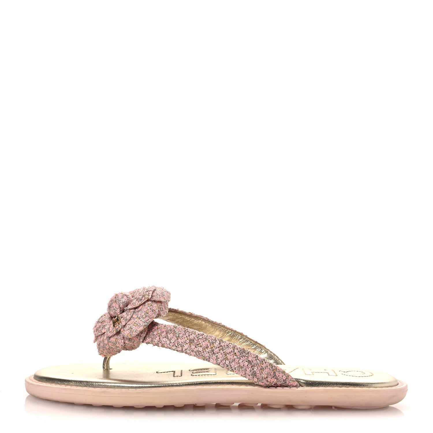 Tweed Camellia Thong Sandals 37.5 Salmon Apricot Gold