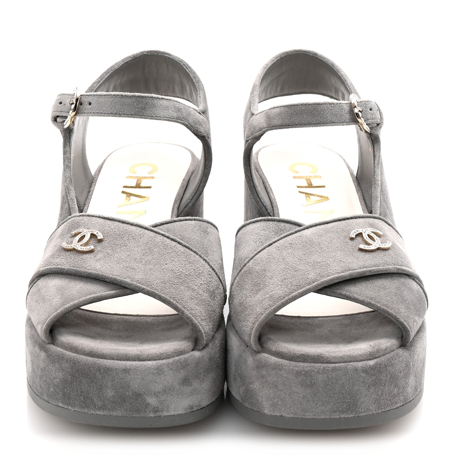 Suede Calfskin Peep Toe Wedge Sandals 37 Grey