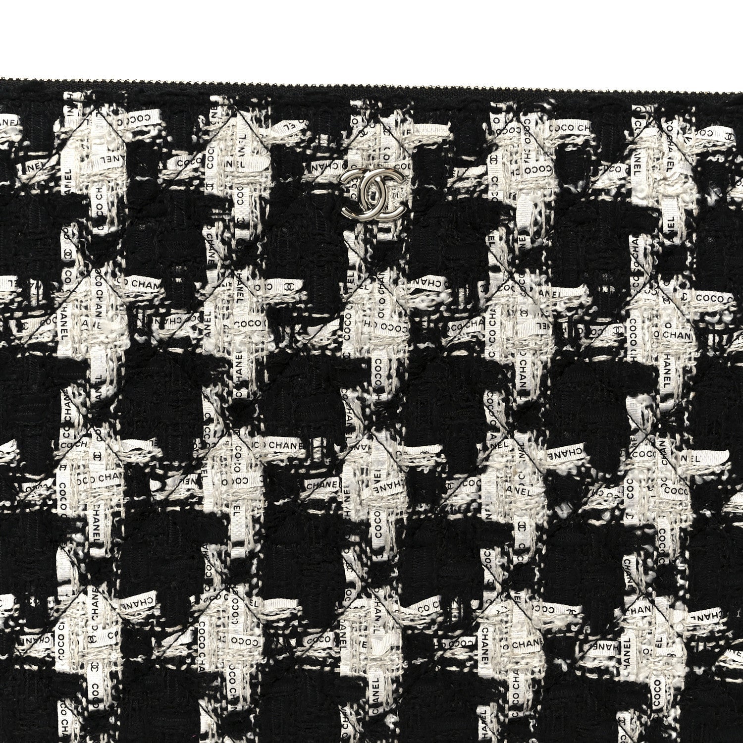 Tweed Quilted Medium Cosmetic Pouch Black Ecru White