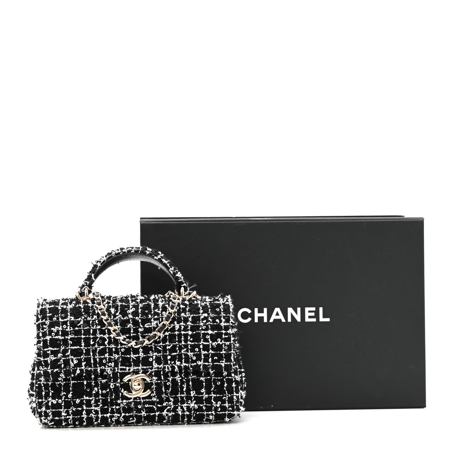 Tweed Quilted Mini Top Handle Rectangular Flap Black White