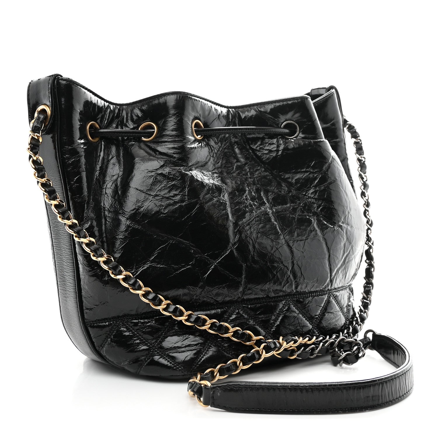 Shiny Aged Calfskin CC Chain Drawstring Bag Black