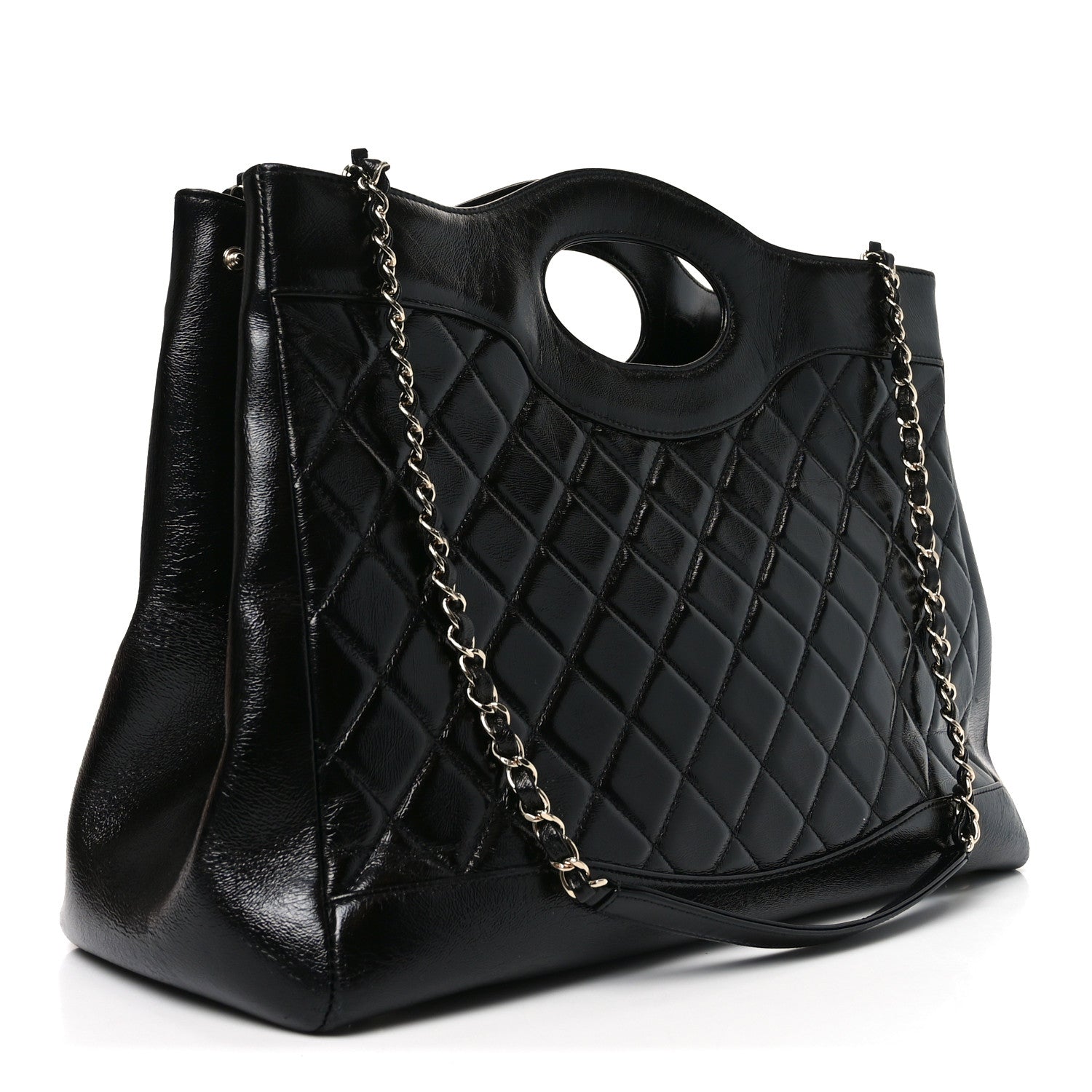 Shiny Crumpled Calfskin Quilted Large 31 Shopping Bag Black