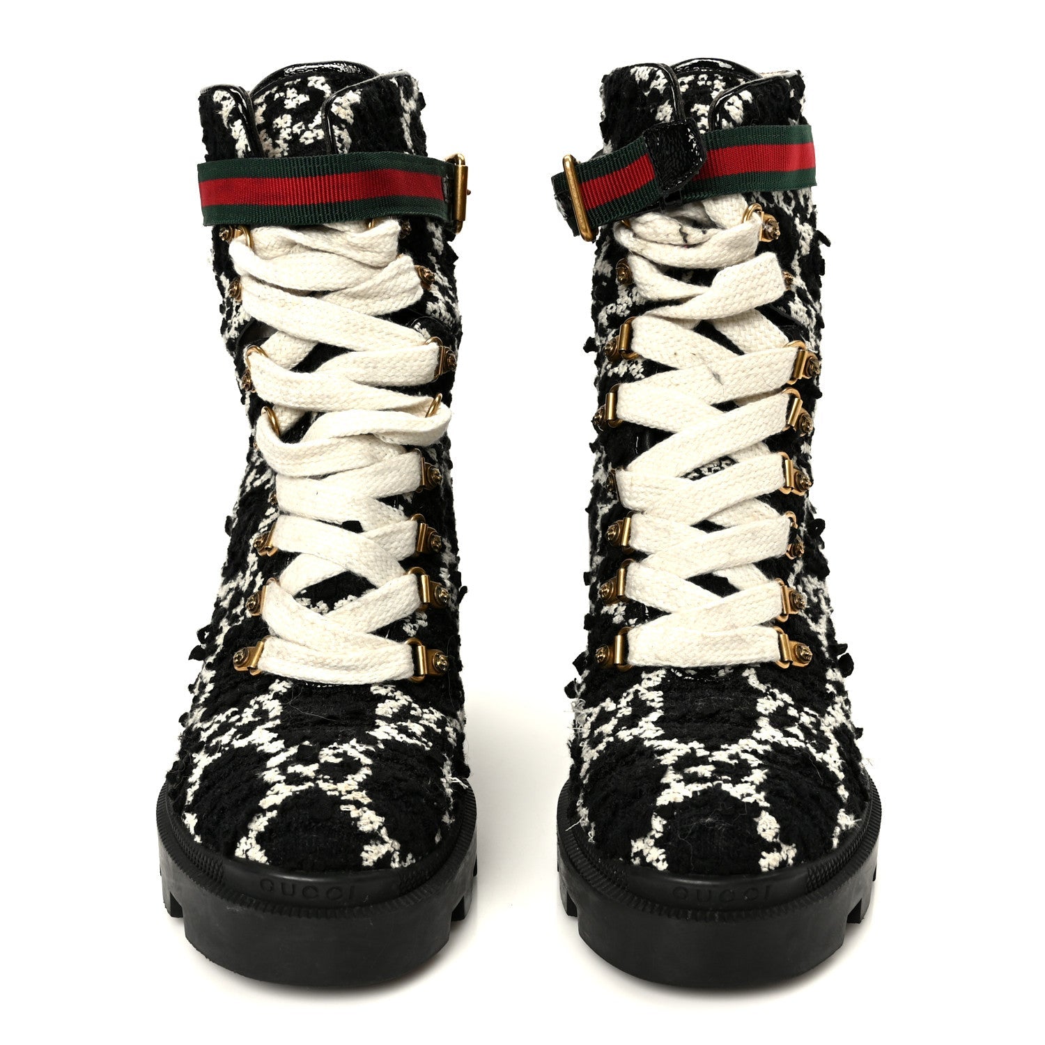 Tweed GG Monogram Lace Up Combat Ankle Boots 38 Black