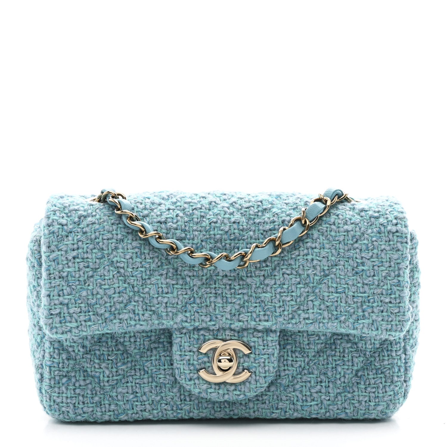 Wool Tweed Quilted Mini Rectangular Flap Turquoise Light Blue
