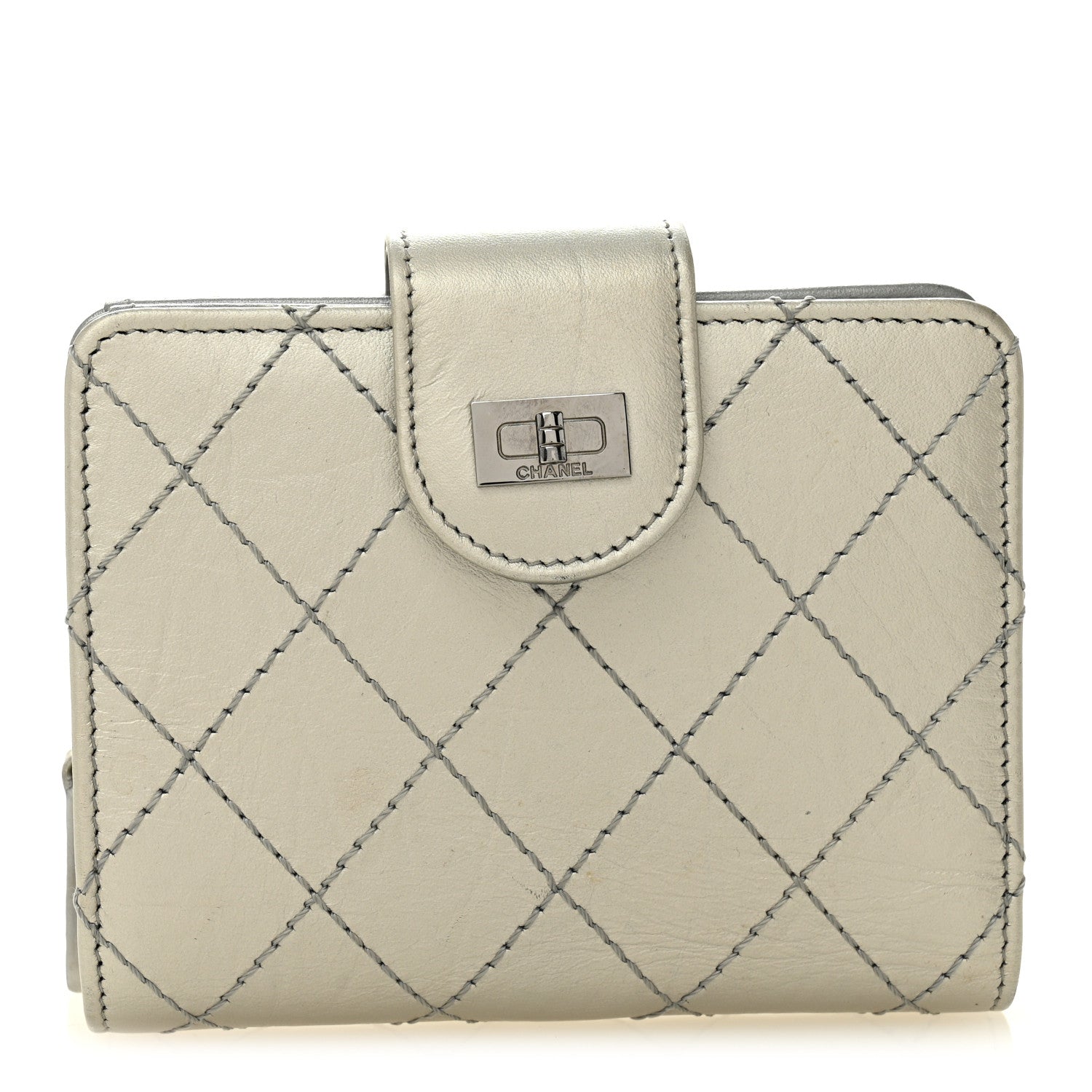 Metallic Aged Calfskin Stitched Reissue Compact Wallet  Silver