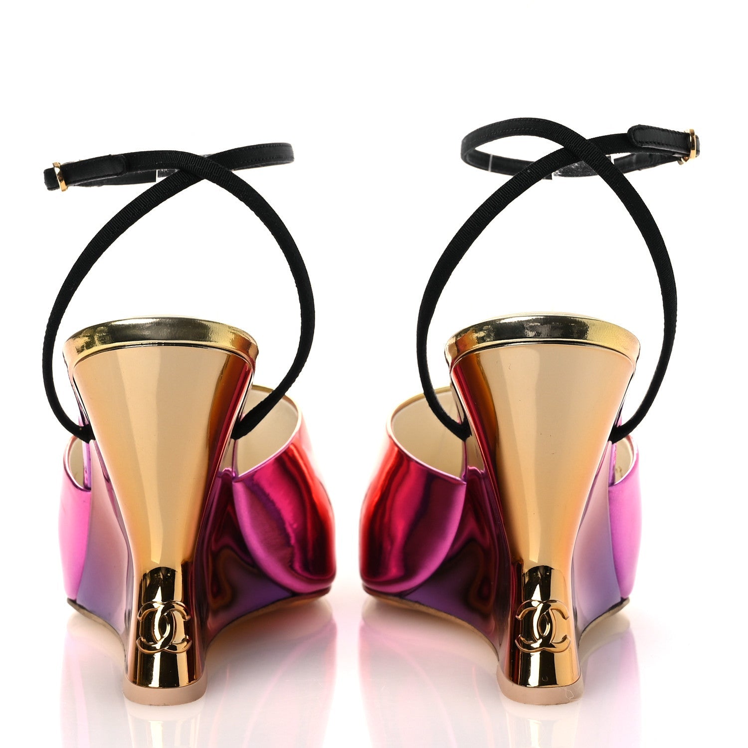 Laminated Calfskin Grosgrain Cap Toe CC Wedge Pumps 39 Pink Orange Yellow Black