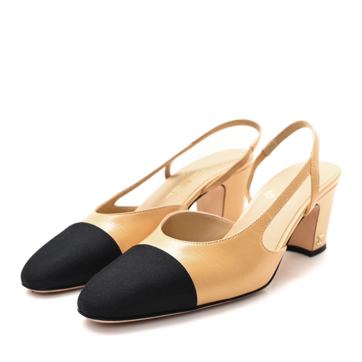Lambskin Grosgrain Cap Toe CC Slingback Pumps 36 Beige Black