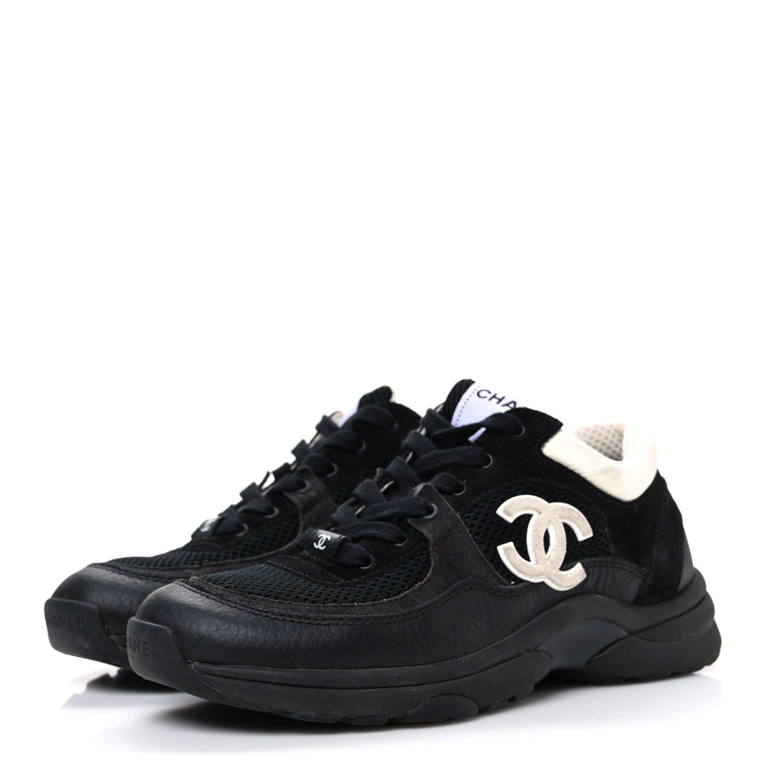 Mesh Suede Grained Calfskin Womens CC Sneakers 37.5 Black White