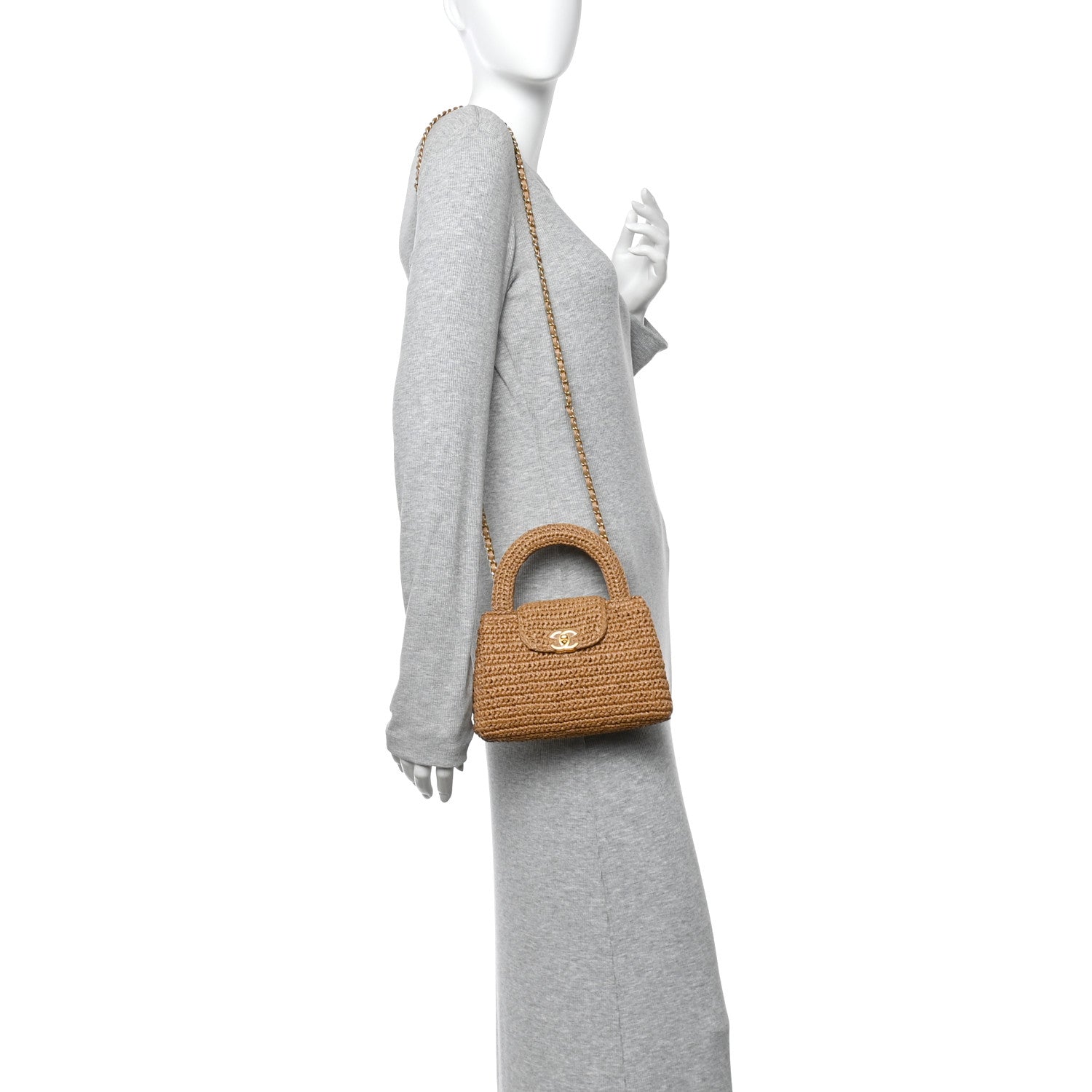 Braided Raffia Nano Kelly Flap Bag Dark Beige