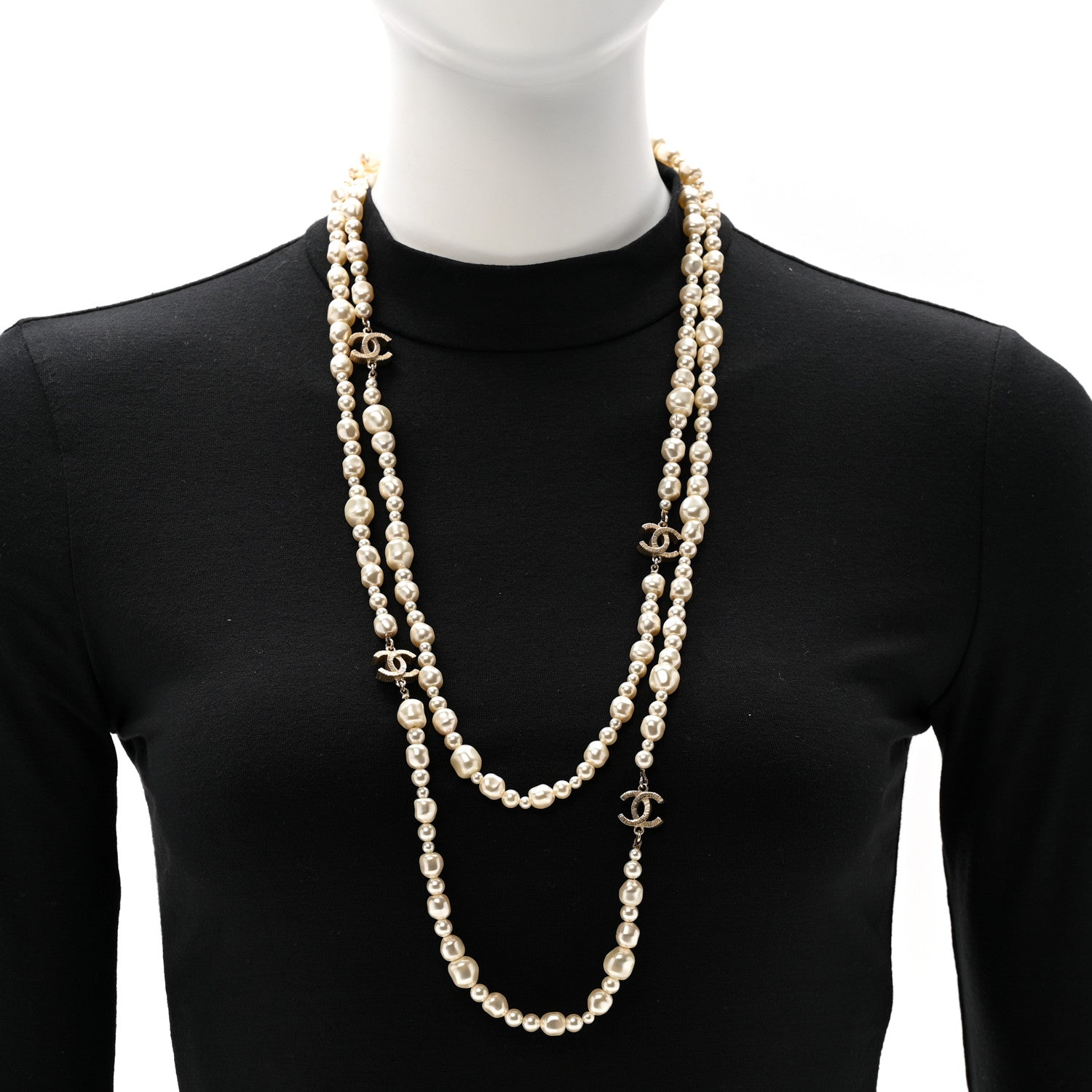 Irregular Pearl CC Long Necklace Light Gold
