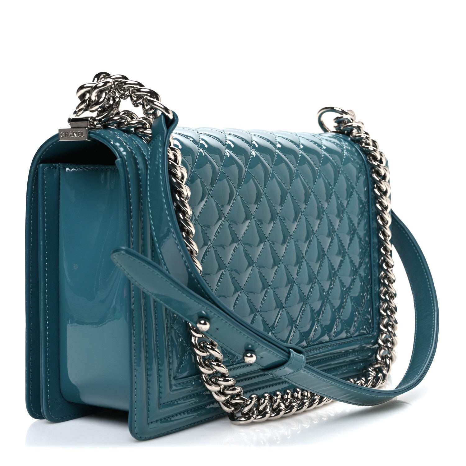 Patent Calfskin Quilted New Medium Plexiglass Boy Flap Turquoise