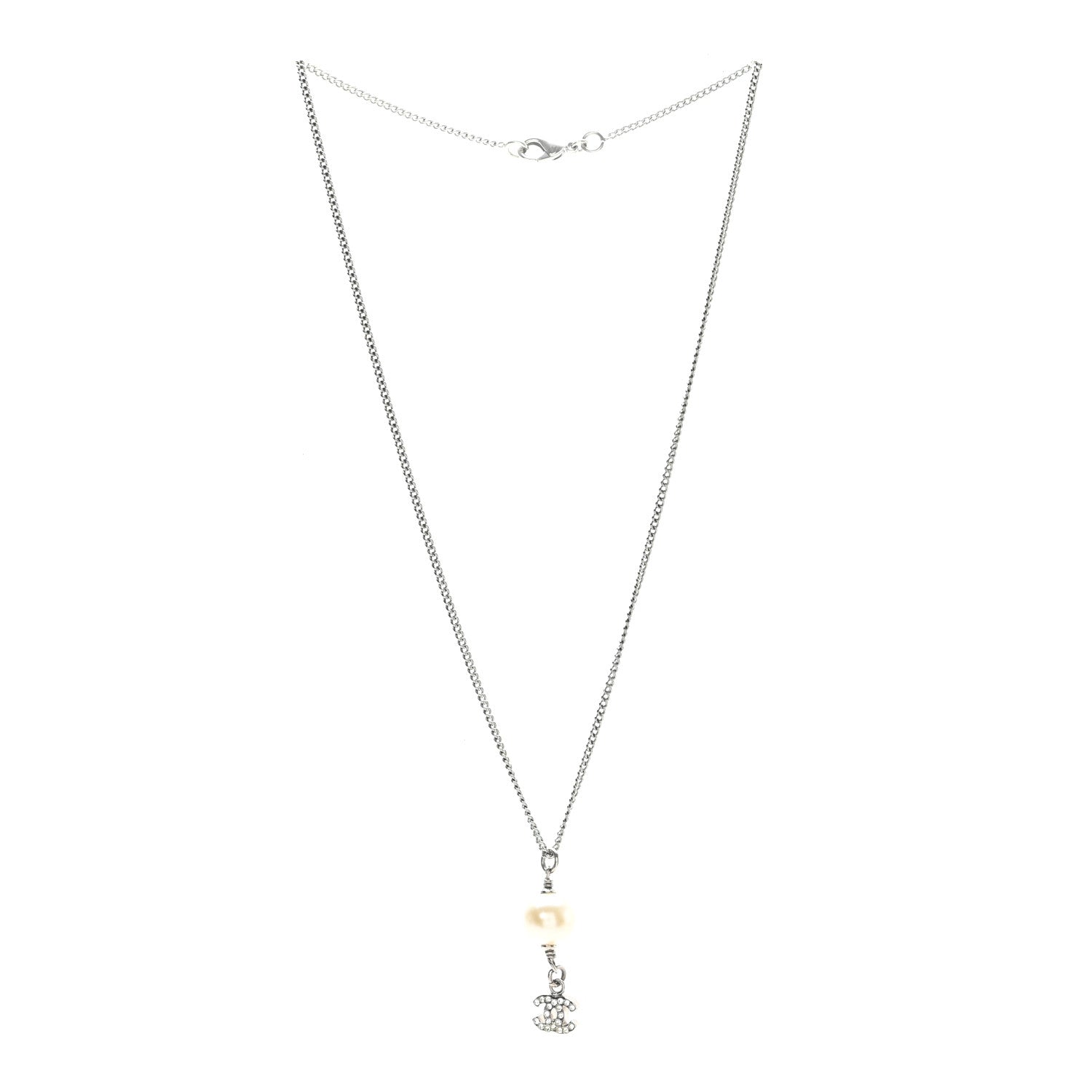 Pearl Crystal CC Drop Necklace Silver