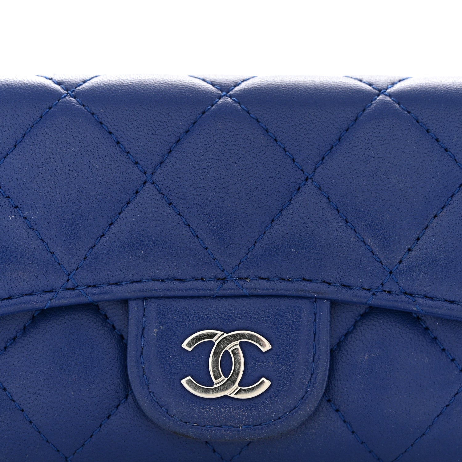 Lambskin Quilted Flap Card Holder Wallet Blue