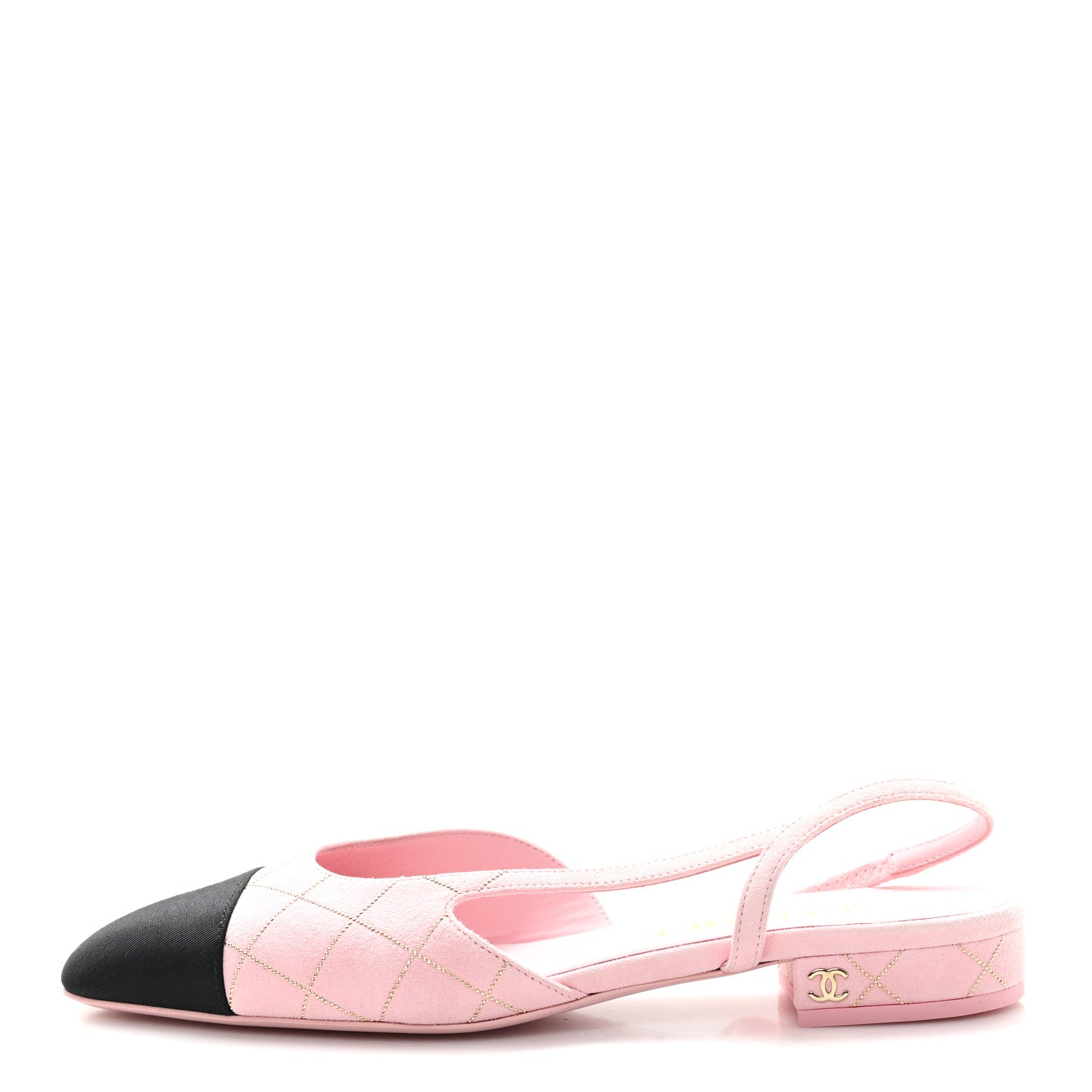 Suede Crystal Grosgrain Cap Toe CC Slingback Flats 37 Pink Gold Black
