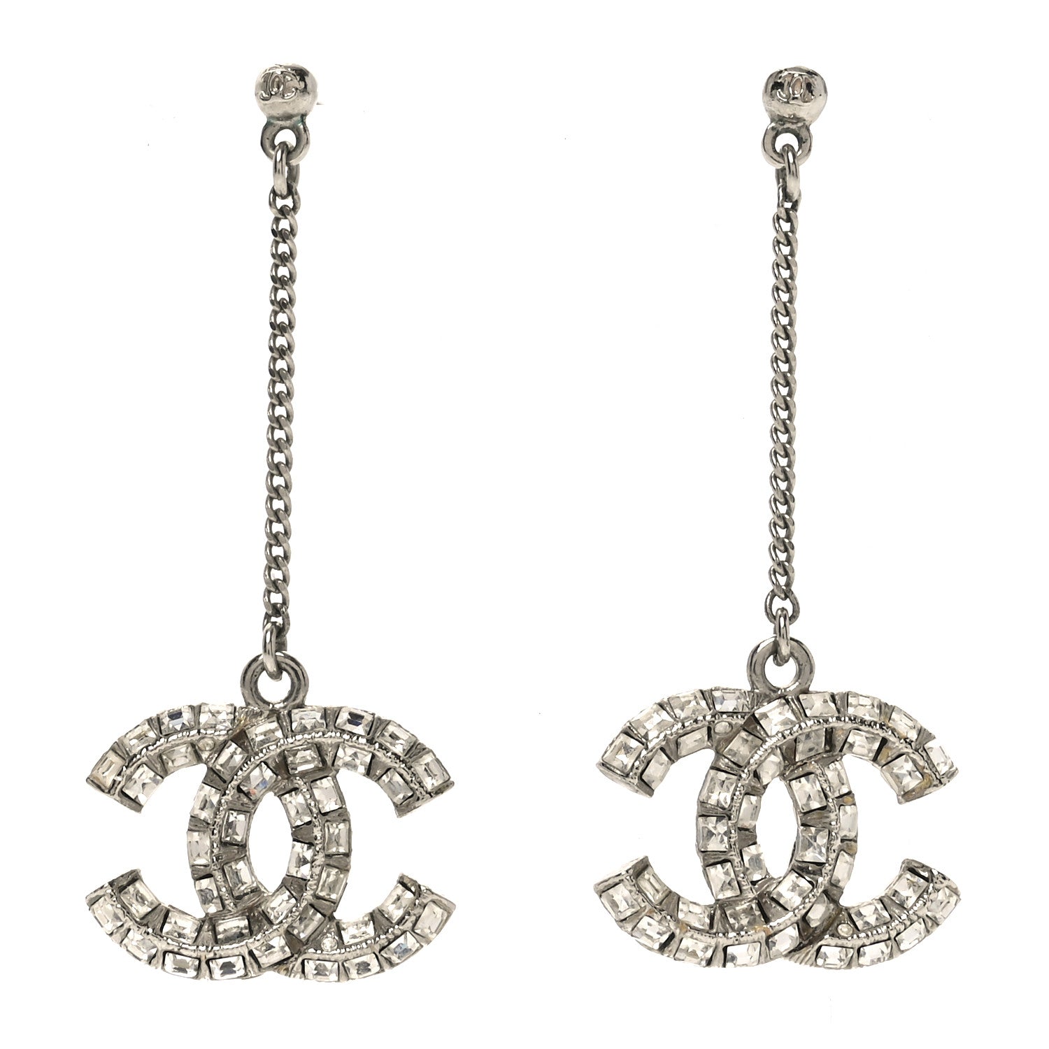 Crystal Baguette CC Drop Earrings Silver
