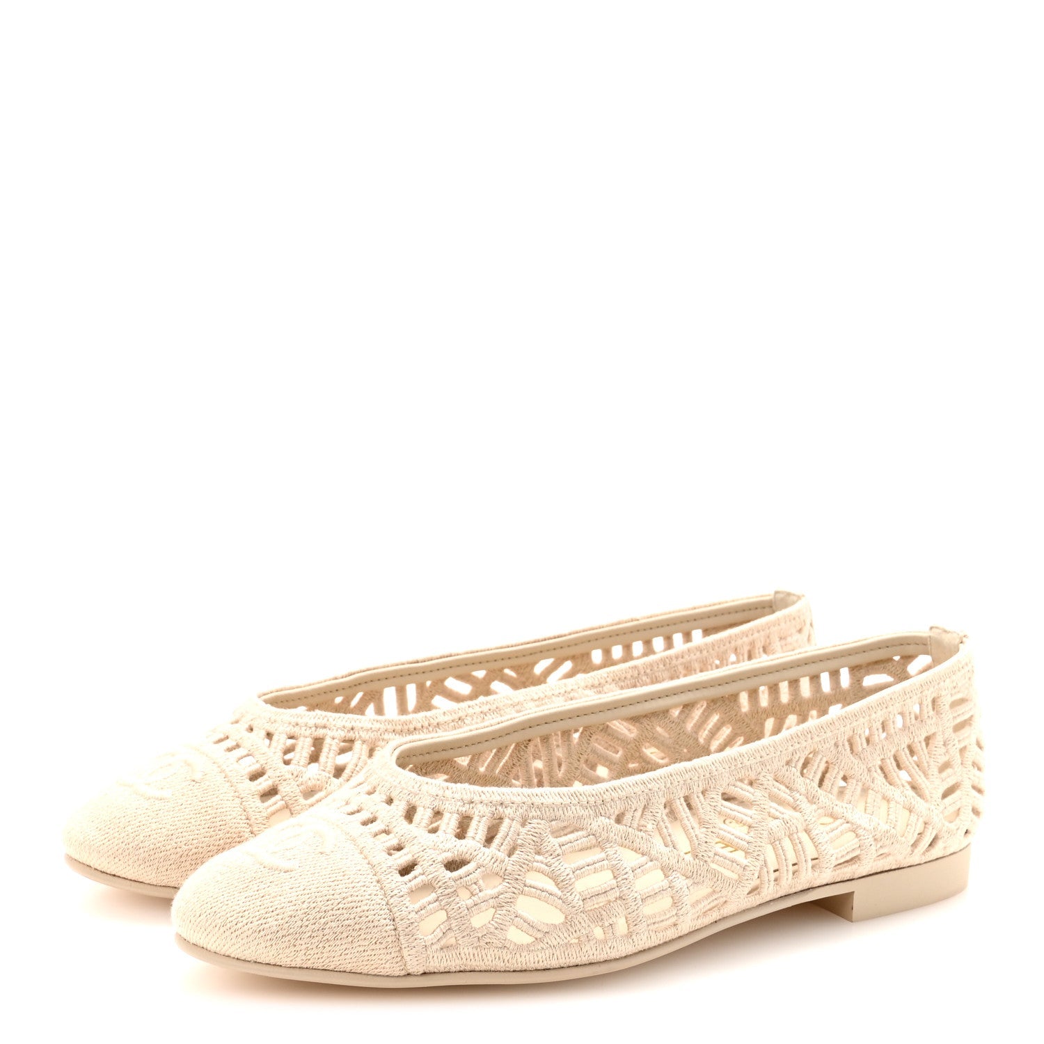 Cotton Embroidered Cap Toe Ballet Flats 38 Ivory