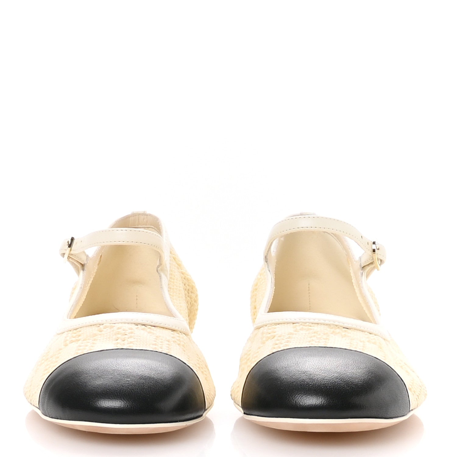 Crochet Lambskin Cap Toe Mary Jane Flats 39 Natural Beige Black