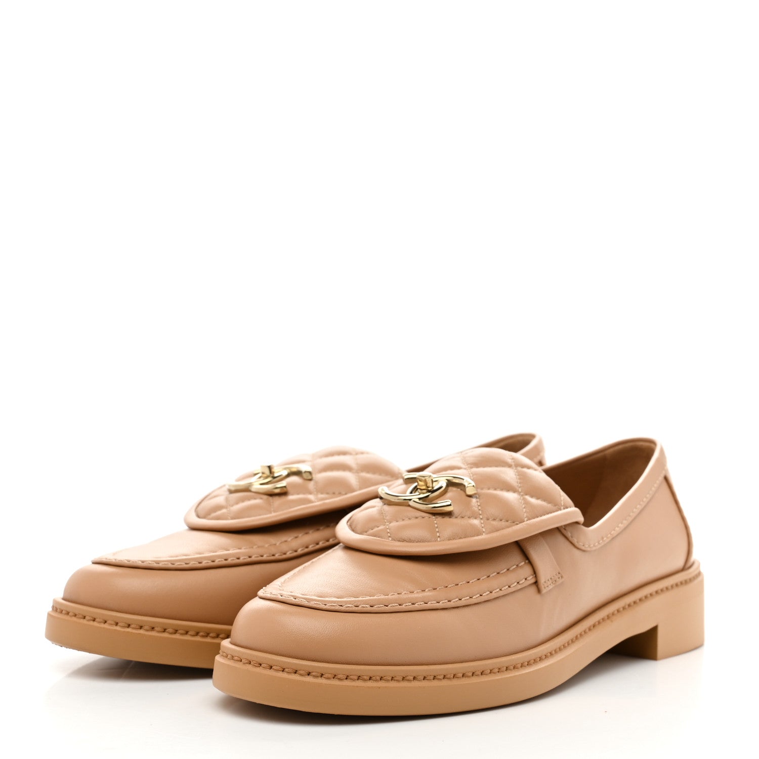 Lambskin Quilted CC Turnlock Moccasins 39.5 Beige