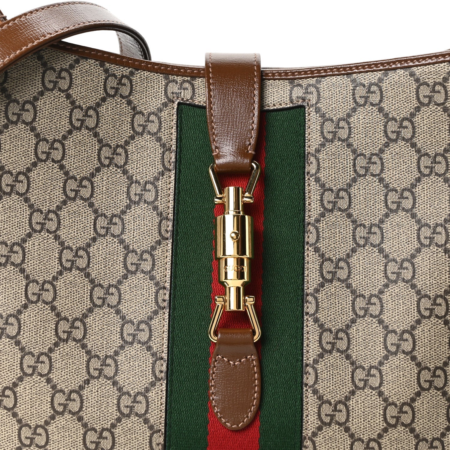 GG Supreme Monogram Azalea Calfskin Web Medium Jackie 1961 Hobo Beige Ebony Brown Sugar