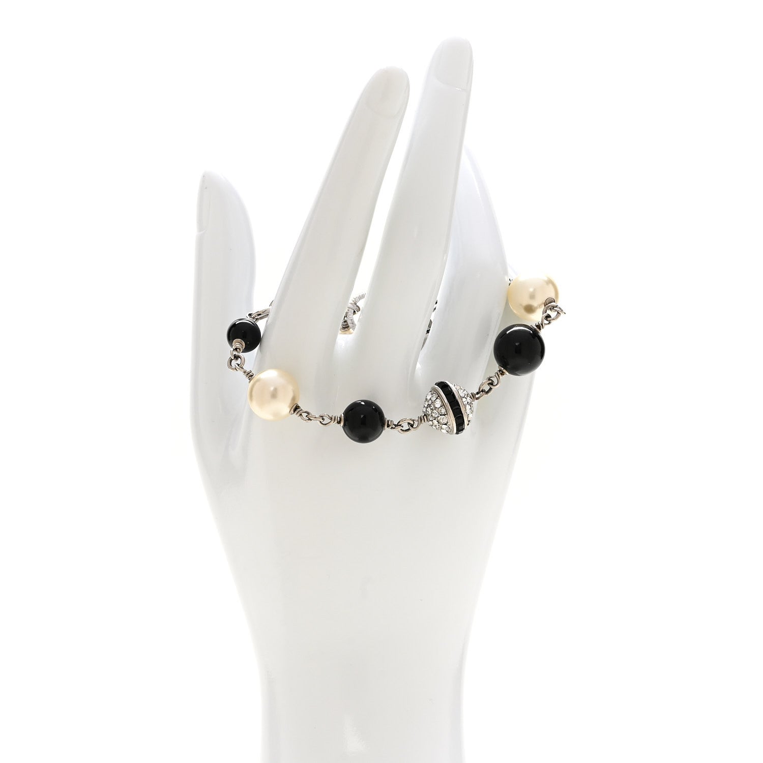 Pearl Bead Crystal CC Bracelet White Black Silver