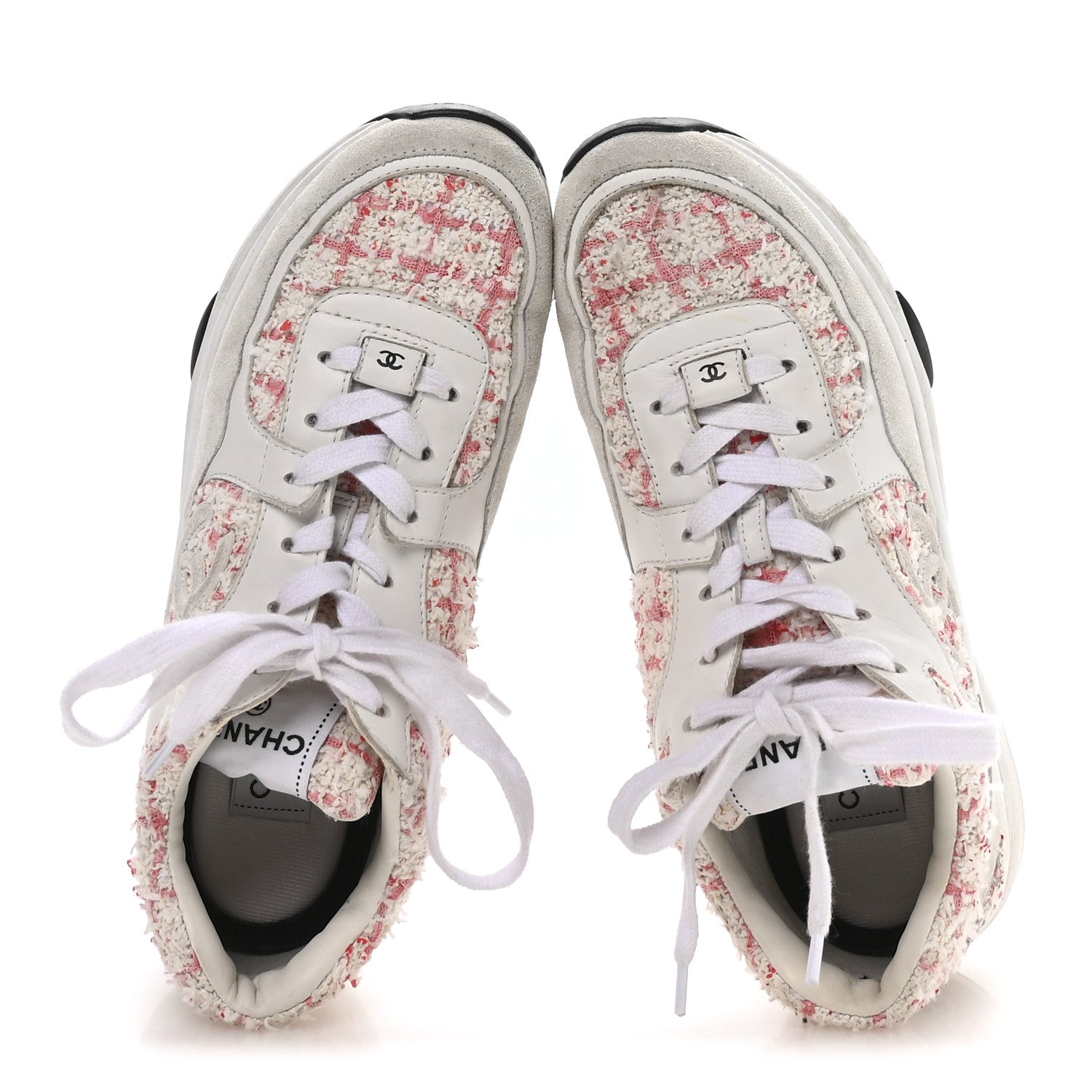 Tweed Suede Calfskin Womens CC Sneakers 39.5 Ecru Pink Red White