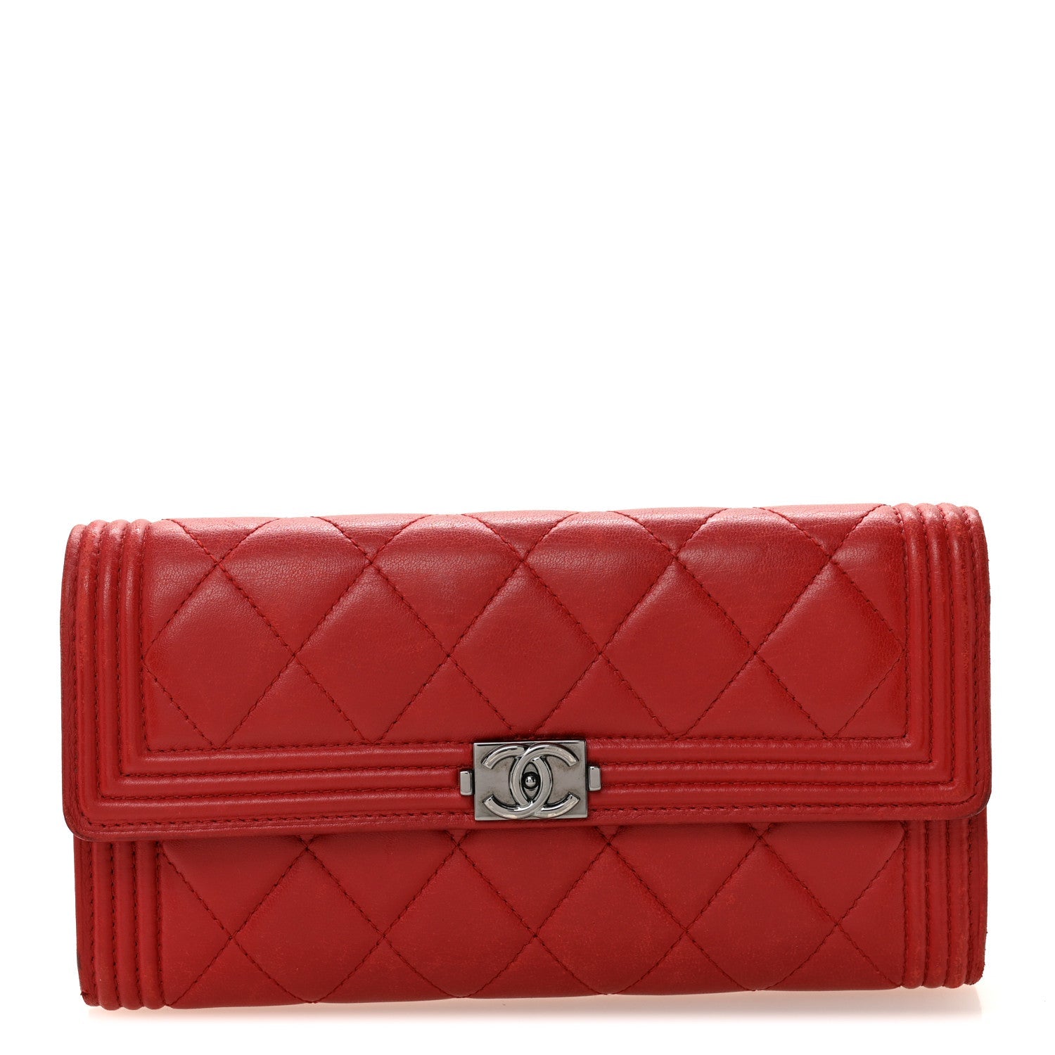 Lambskin Quilted Boy Flap Wallet Red