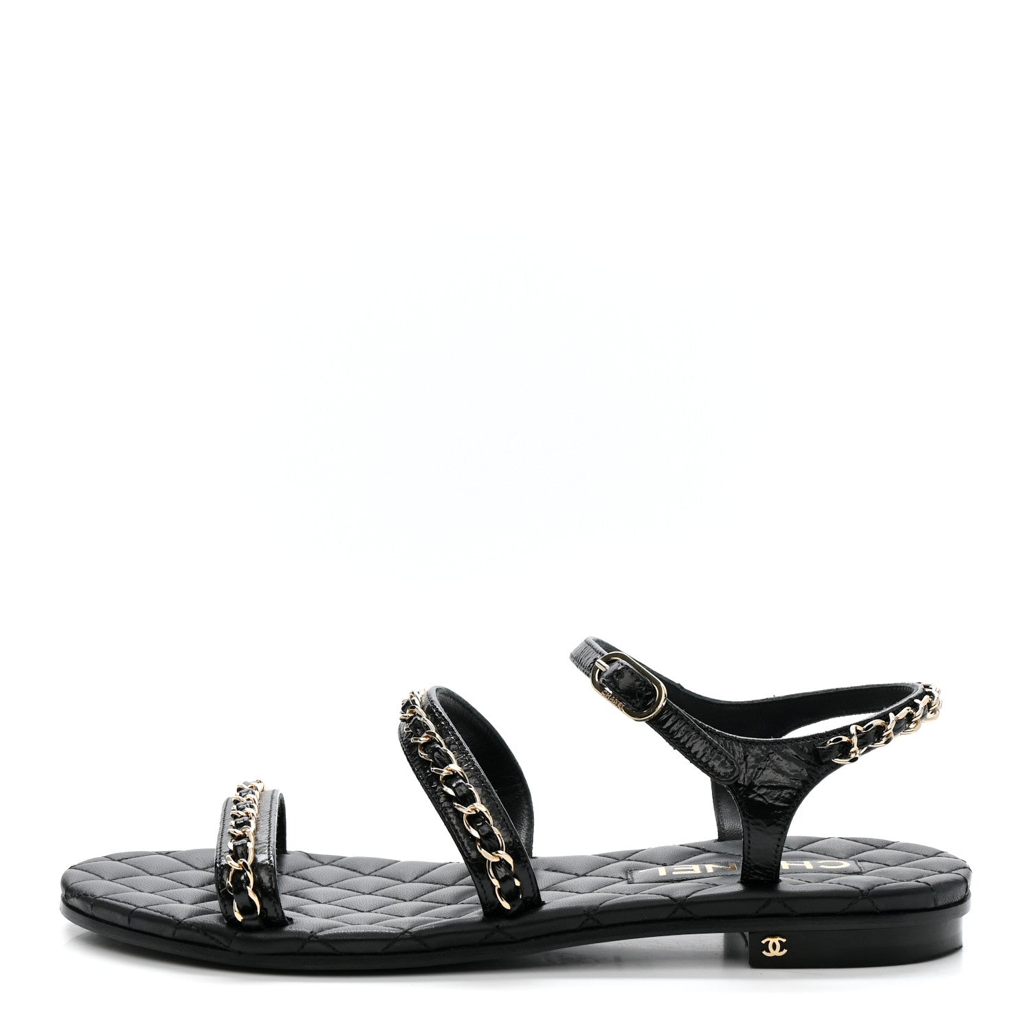 Crumpled Calfskin Chain Sandals 38 Black