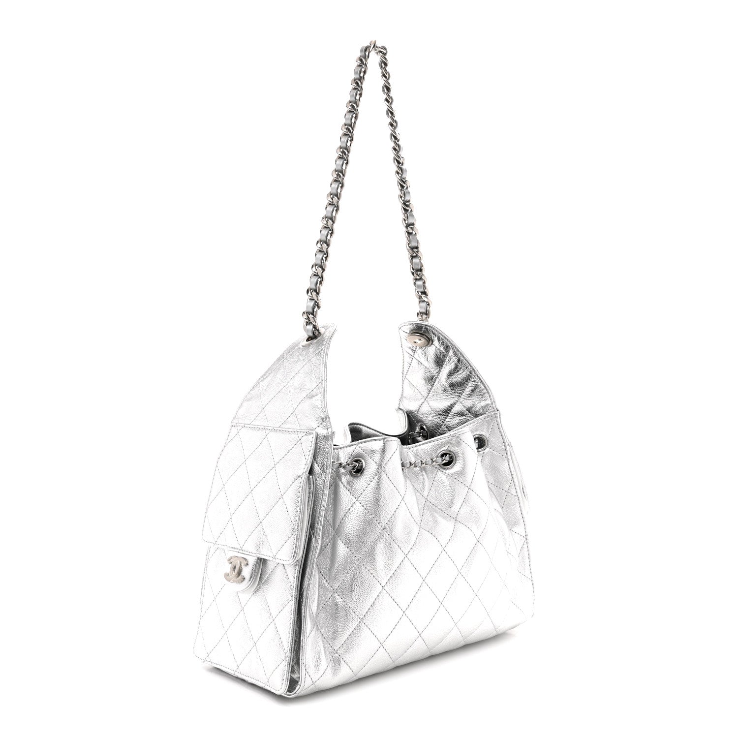 Metallic Caviar Quilted Small Chanel 25 Handbag Silver