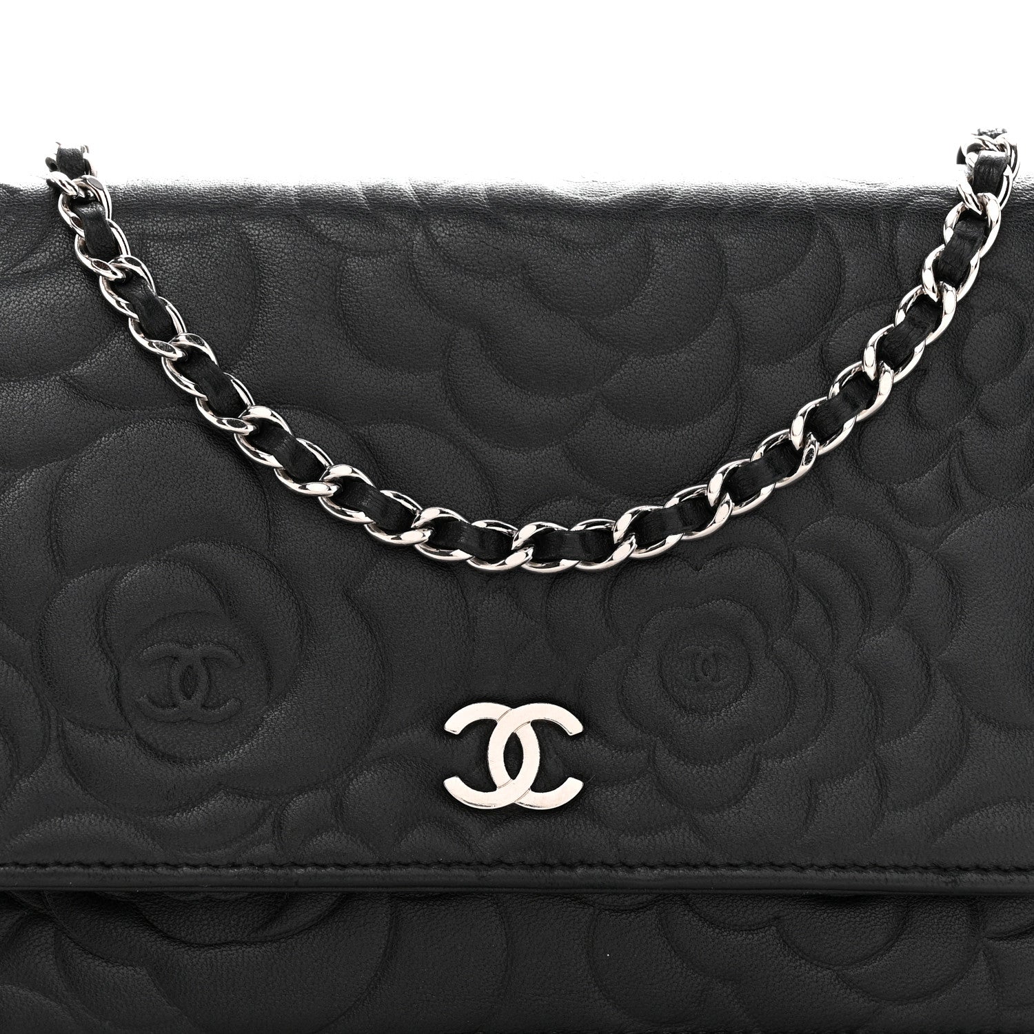 Lambskin Camellia Embossed Wallet On Chain WOC Black