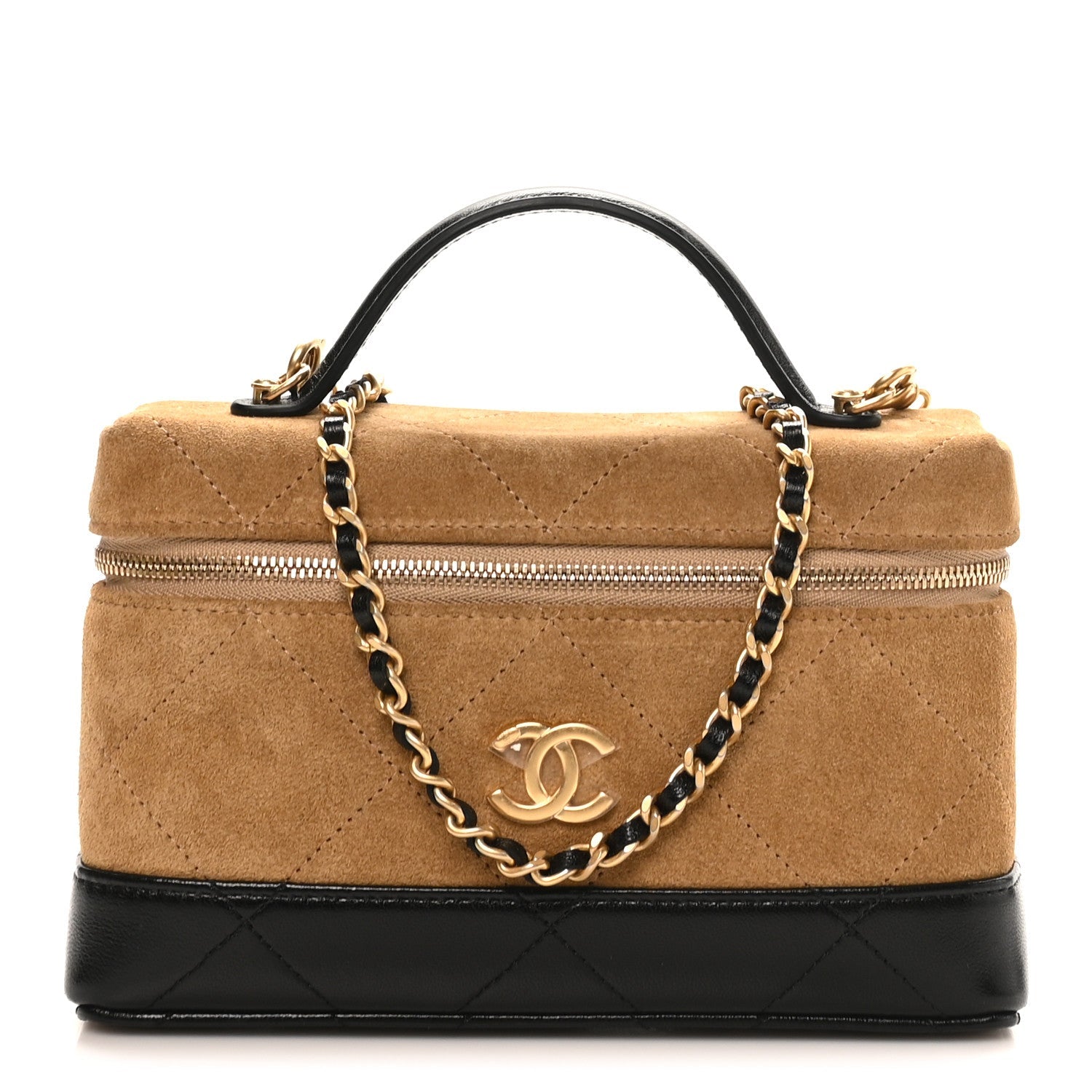 Suede Calfskin Shiny Lambskin Stitched Top Handle Slim Vanity Case With Chain Beige Black
