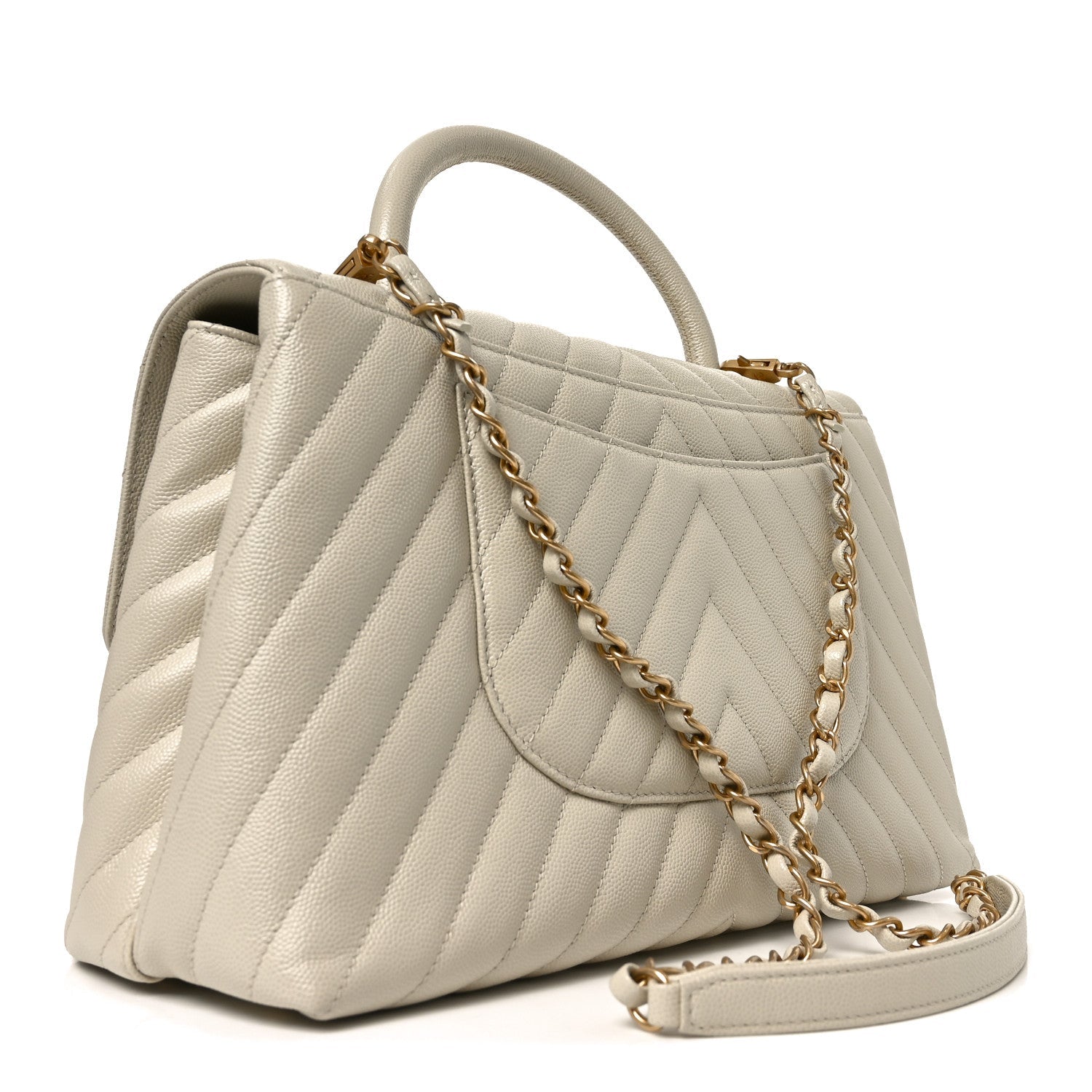 Caviar Chevron Quilted Medium Coco Handle Flap White