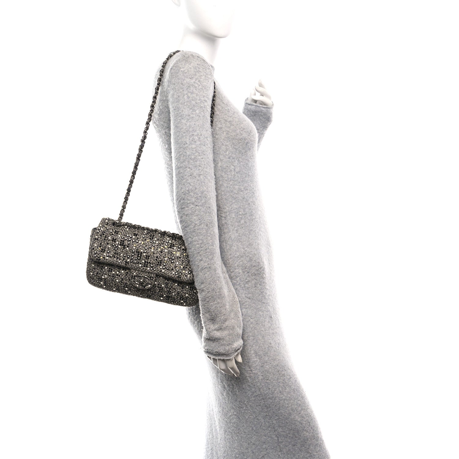 Tweed Quilted Mini Side Pearl Flap Bag Grey