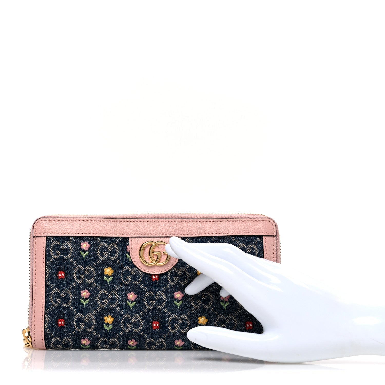 New Denim GG Monogram Calfskin Love Parade Zip Around Wallet Light Pink