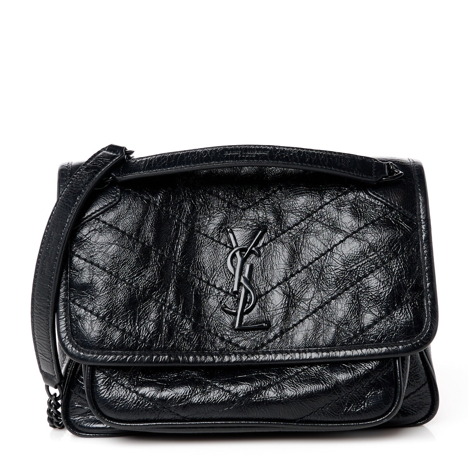 Crinkled Calfskin Matelasse Monogram Baby Niki Chain Satchel Black