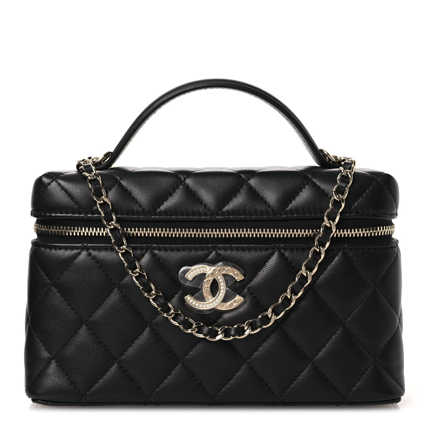Lambskin Quilted Crystal CC Top Handle Slim Vanity Case With Chain Black