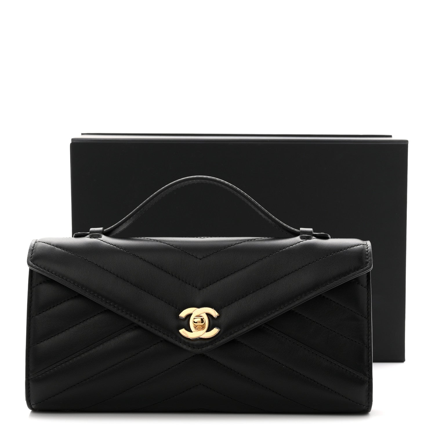 Lambskin Chevron Quilted Top Handle Envelope Clutch Black