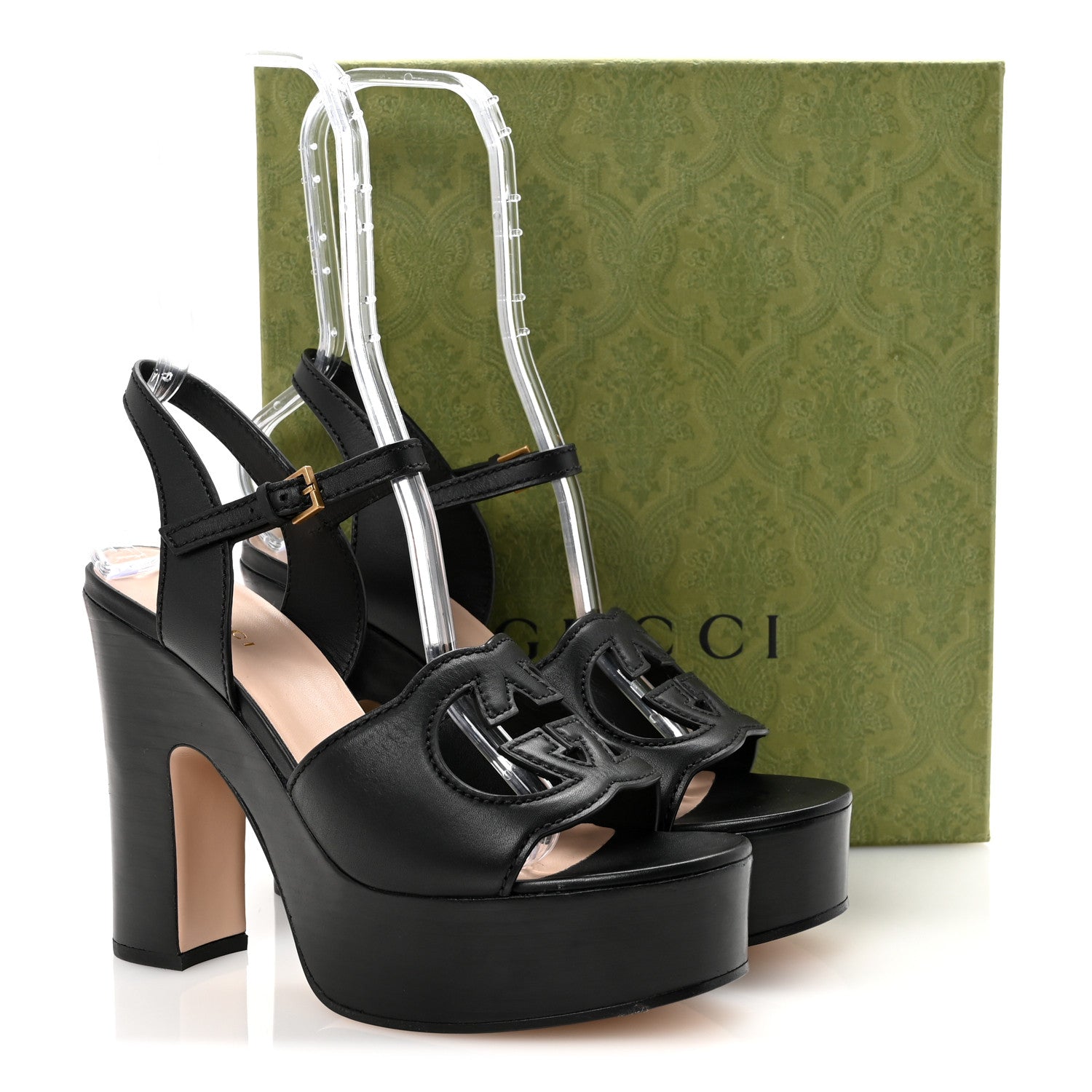 Cosmos Softy Calfskin Wooden Interlocking G Cut-Out 30/120mm Platform Sandals 39.5 Black