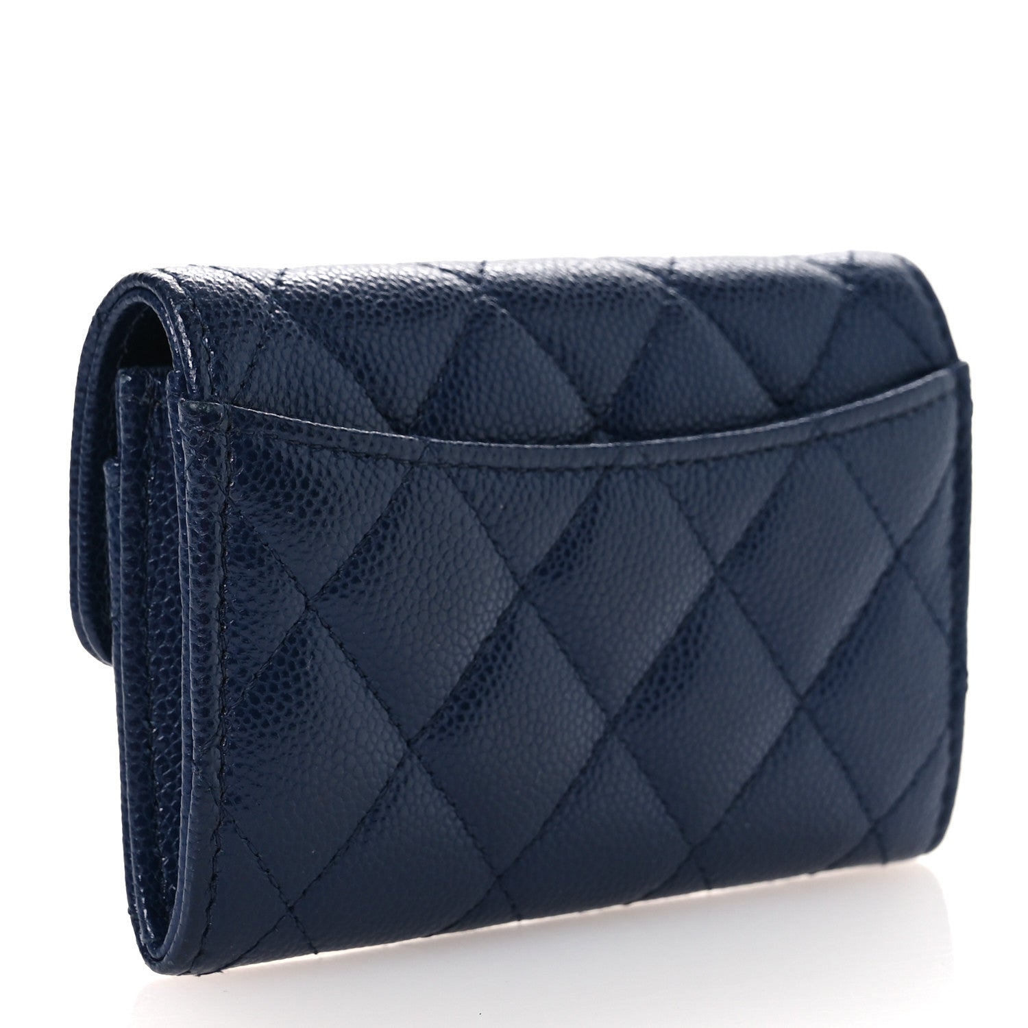 Caviar Quilted Flap Card Holder Wallet Navy Blue